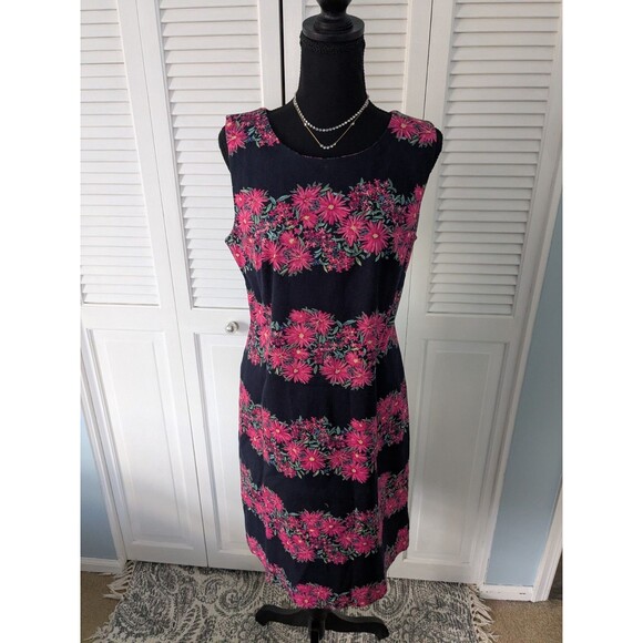 Talbots Dress Women's 10 Navy Pink Sleeveless Floral Sheath Daisies Cottagecore - Picture 1 of 12